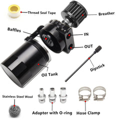 DS 14977-Oil Catch Can Reservoir Tank with Air Filter Breather Baffled Aluminum Fittings Oil Dipstick Hole Breathable Kettle